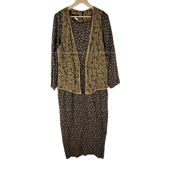 VTG CAROLE LITTLE Maxi Dress Sz 12 Black/Yellow Floral Long Sleeve Back Slit - Picture 1 of 12